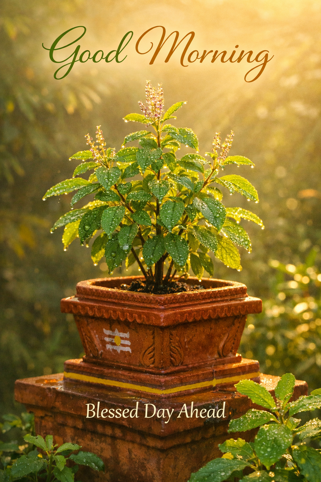 Good morning image tulasi holy basil plant morning dew sunlight Blessed Day Ahead